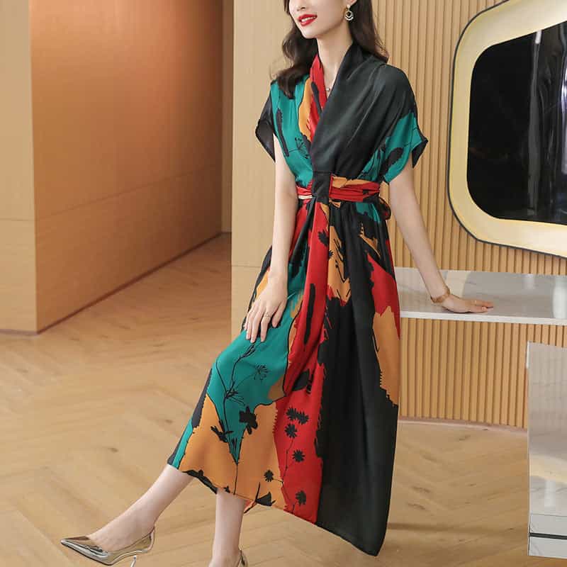 Simple Women's Clothing Short Sleeve Printed Large Swing Dress