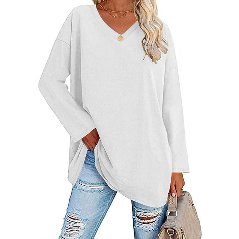 Solid Color Loose Drop Shoulder Sleeve V Neck Long Sleeve Blouse Meifu Market