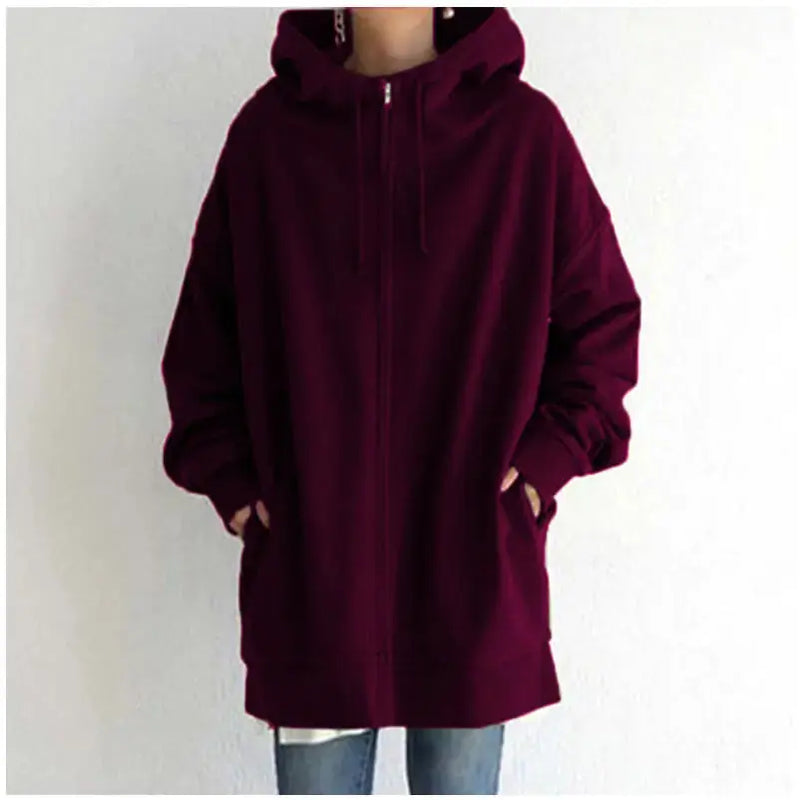 Oversized S-5XL Women Loose Hooded Coats Autumn Female Tie Collar Long Sleeve Zipper Up Add Velvet Long Sweatshirt Meifu Market