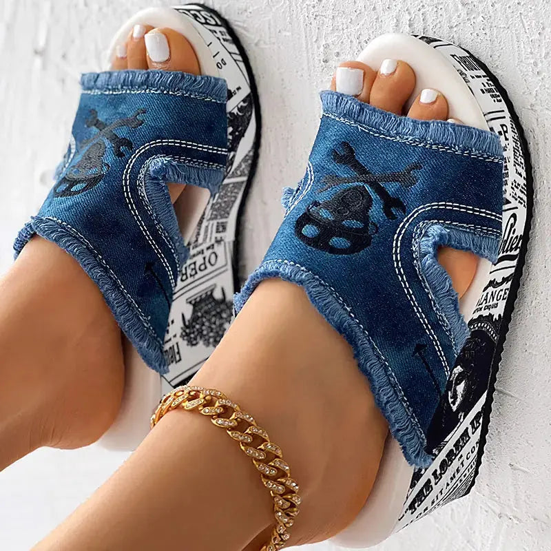 Newspaper Skull Original Hem Platform Wedge Slides - Anklet Not Included Meifu Market