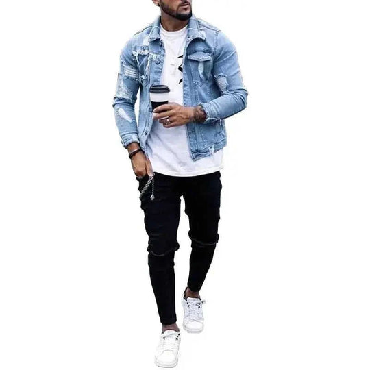 ripped denim jacket for men | irregular wash distressed jacket | vintage style trucker jacket | ultrasonic cleaning