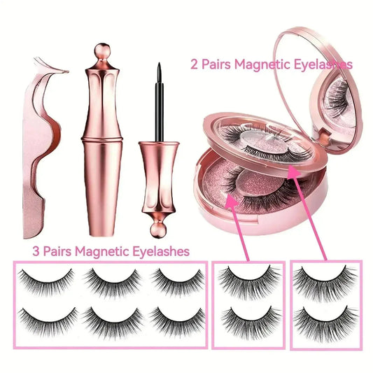 5 Pairs Luxurious Magnetic Eyelashes & Eyeliner Kit - Reusable 3D False Lashes with Hassle-Free, Glueless Application - Long-Lasting Eyes Makeup Set, Perfect for Busy Mothers