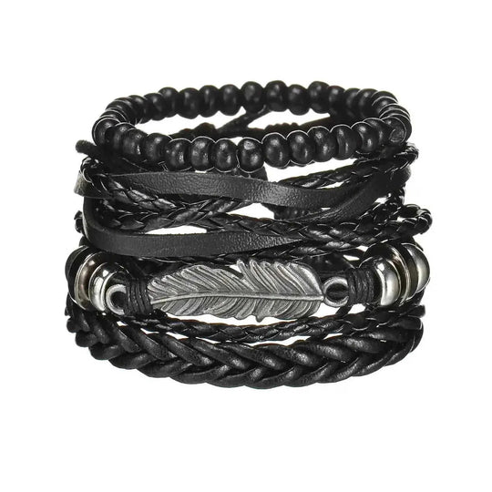 braided leather bracelet for men | vintage charm wood beads | adjustable wrap wristband | energy saving