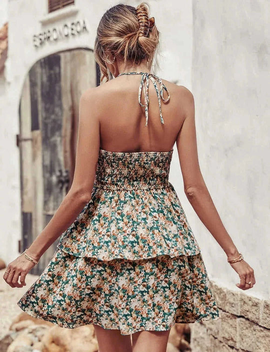 backless summer dress | boho printed halter dress | ruffle trim beach dress | ultrasonic cleaning