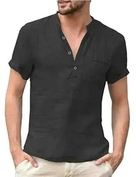 Casual Linen Solid Color Shirt Button V Neck Beach Shirt Men Summer Tops - Meifu Market
