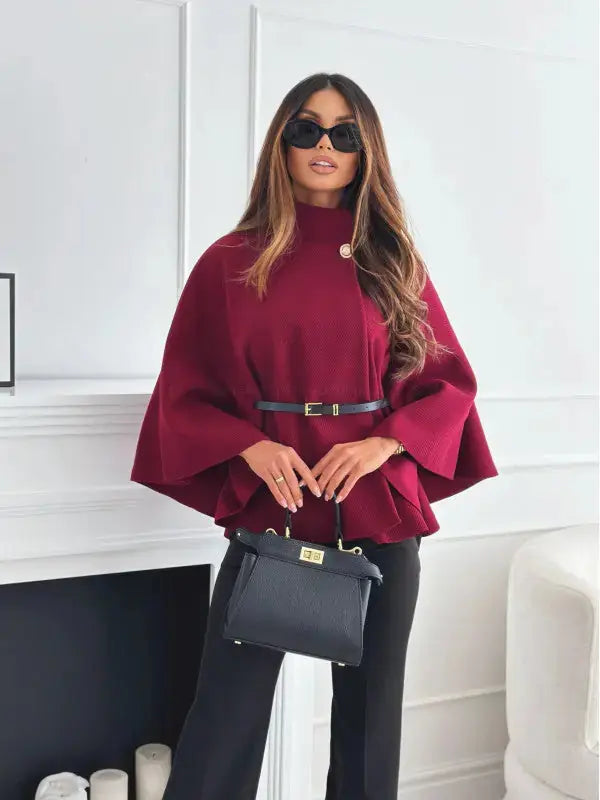 New Stand Collar Batwing Sleeves Cloak Top With Belt Ins Fashion Temperament Jacket Woolen Sweater Outwear For Women Clothing Meifu Market