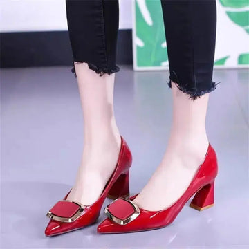 All-match Fashion Patent Leather Women's Shoes Shallow Mouth Pointed Mid Heel Women's Shoes Meifu Market