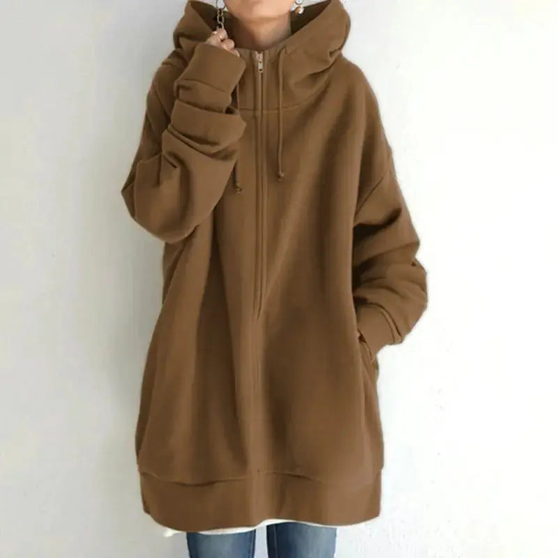 Oversized S-5XL Women Loose Hooded Coats Autumn Female Tie Collar Long Sleeve Zipper Up Add Velvet Long Sweatshirt Meifu Market