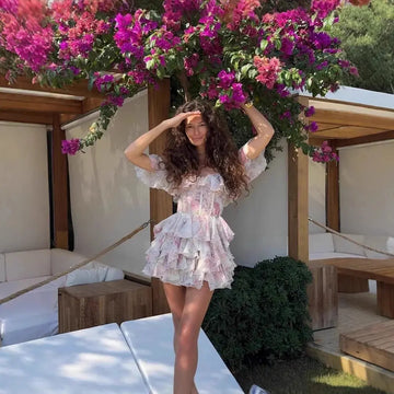 Color Printed Off-the-neck Stacked Ruffled Waist Dress