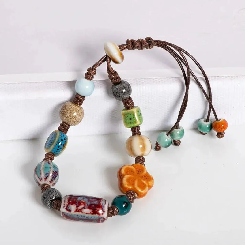 handmade ceramic beaded bracelet | adjustable woven jewelry | boho ethnic style bracelet | ultrasonic cleaning