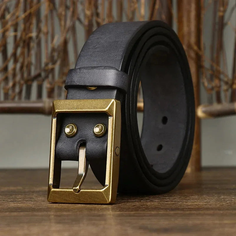 thick full-grain cowhide belt | solid brass roller buckle | heavy-duty leather belt | energy saving