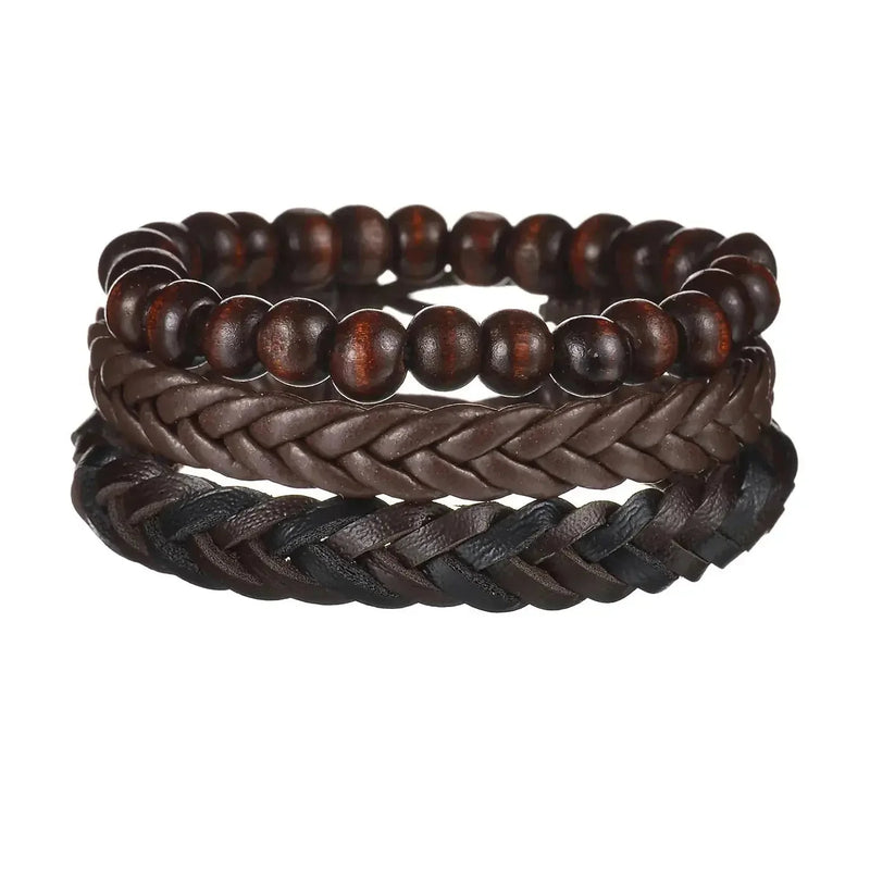 braided leather bracelet for men | vintage charm wood beads | adjustable wrap wristband | ultrasonic cleaning