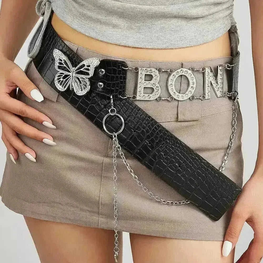 American Retro Decoration Butterfly Drill Buckle Personality Belt - lifestyle (material: leather | color: pink | pattern:...