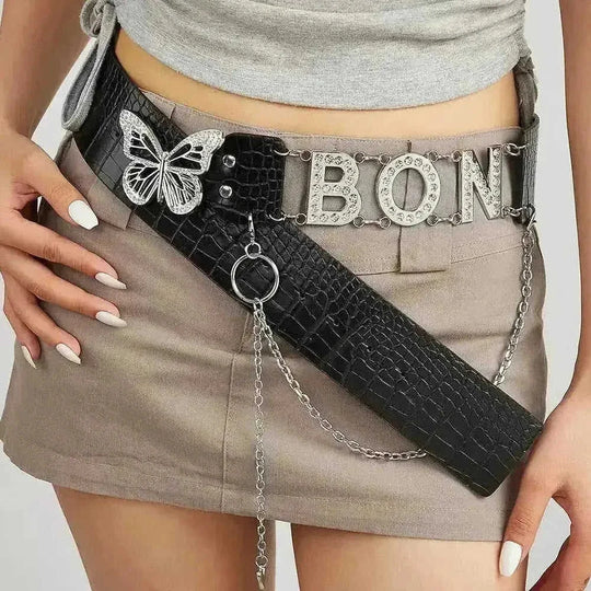 American Retro Decoration Butterfly Drill Buckle Personality Belt - lifestyle (material: leather | color: pink | pattern:...