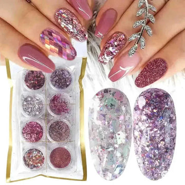 8-Box Mix Glitter Nail Art Powder Flakes Set | Holographic & Chrome Nail Glitter