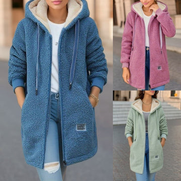 Winter Fleece Hooded Jacket Fashion Casual Zip-up Pockets Long Sweatshirt Warm Commuter Women's Clothing Meifu Market