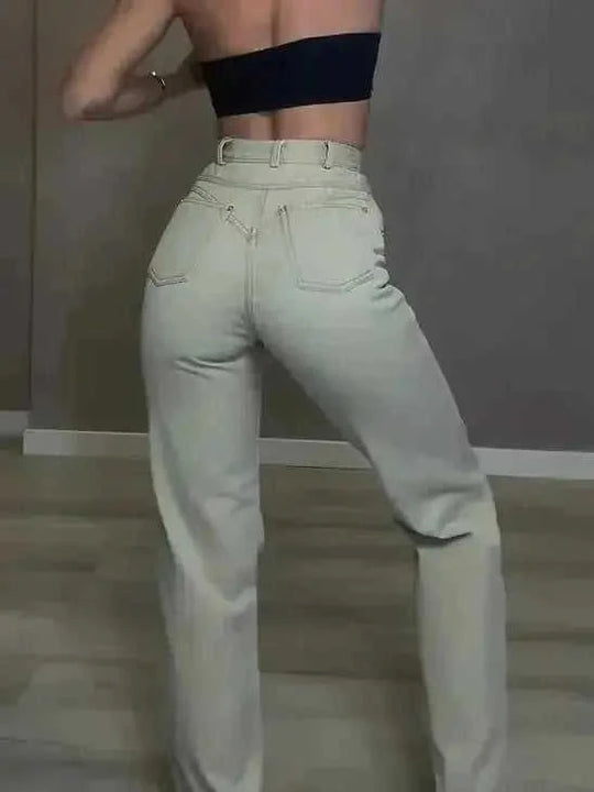 high-waisted denim jeans | double layer denim pants | stretchy mom jeans for women | ultrasonic cleaning
