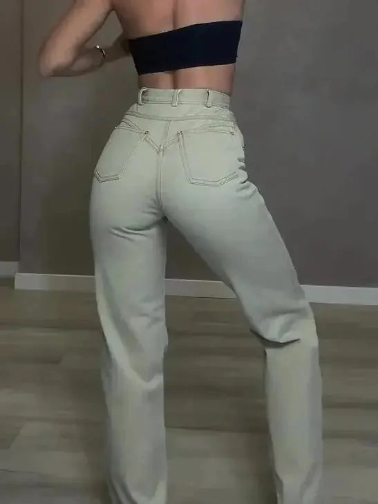 high-waisted denim jeans | double layer denim pants | stretchy mom jeans for women | ultrasonic cleaning