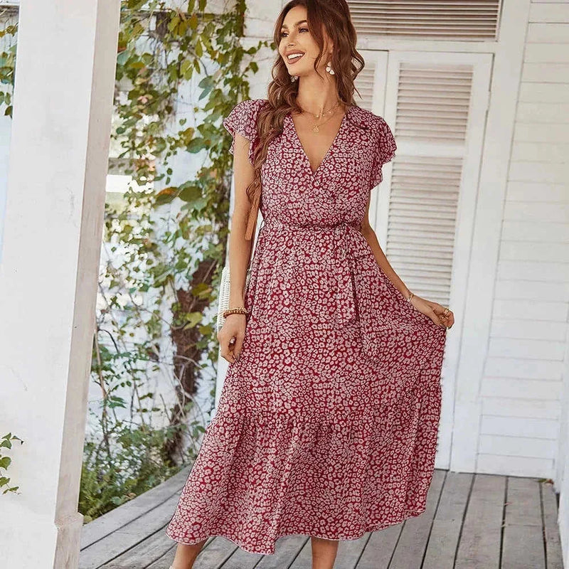 ruffle cap sleeve dress | v-neck wrap belt dress | boho floral maxi dress | ultrasonic cleaning