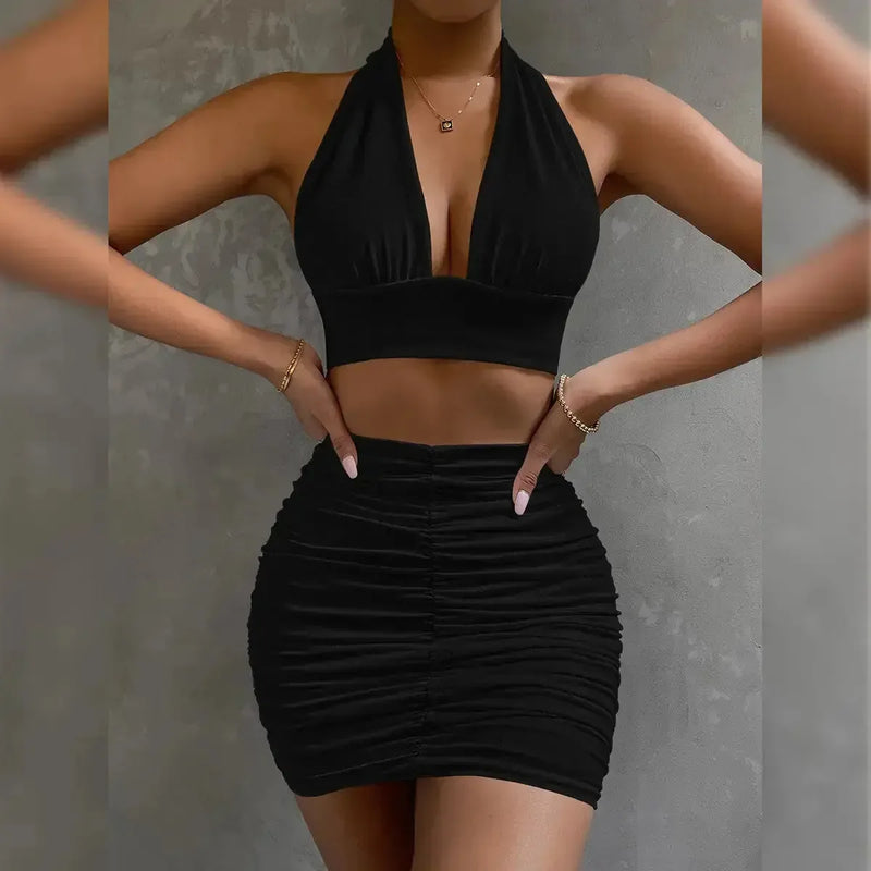 2pcs Dress Suits For Women Halter Lace-up Hip Top And Pleated Hip-covering Skirt Meifu Market