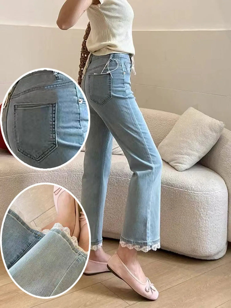 Jeans For Women, With Elastic Lace Lace And Lace Stitching, Micro Flared Jeans For Women In 2025, Small And Stylish Design, Light Blue Jeans For Women, Cropped Jeans For Women, Casual Pants For Women, Meifu Market