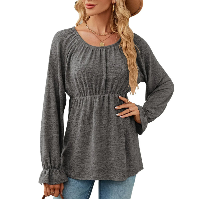 Women's Solid Color Round Neck Loose Long-sleeved T-shirt Meifu Market