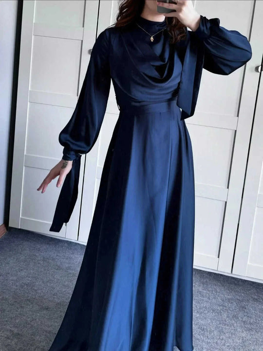 satin fabric maxi dress | plunge neckline long sleeve dress | strappy back evening gown | ultrasonic cleaning