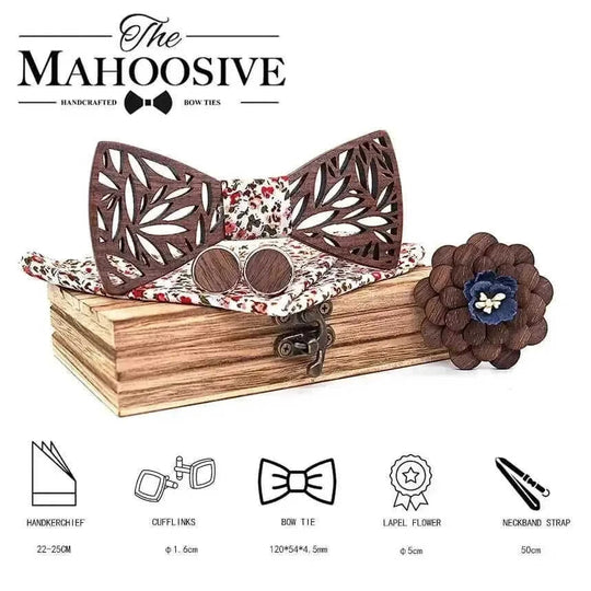 hollow carved wooden bow tie | plaid handkerchief set for men | novelty men ties gift set | ultrasonic cleaning