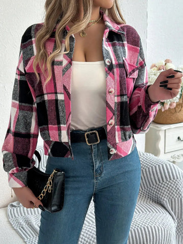Autumn And Winter Casual Plaid Pocket Long Sleeve Woolen Jacket Coat Meifu Market