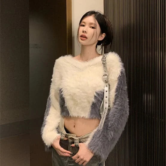 womens v-neck mink fur sweater | soft mink fur short sweater | winter warm v-neck sweater | energy saving