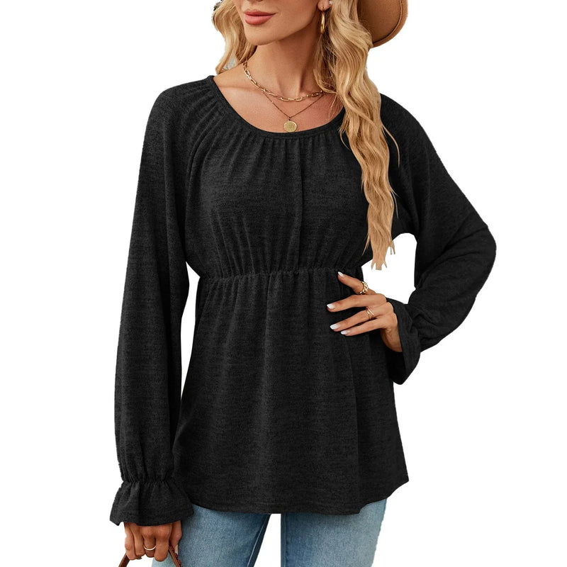 Women's Solid Color Round Neck Loose Long-sleeved T-shirt Meifu Market