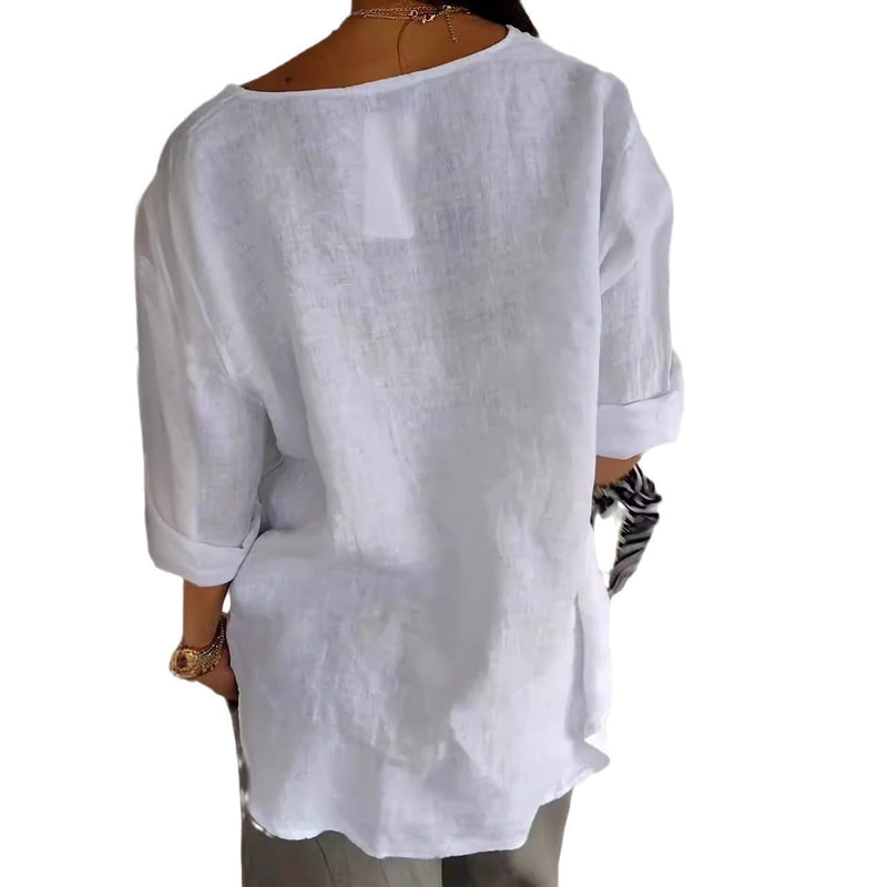 V-neck Long-sleeved T-shirt Fashion Loose Cotton And Linen Button Tops For Women Meifu Market