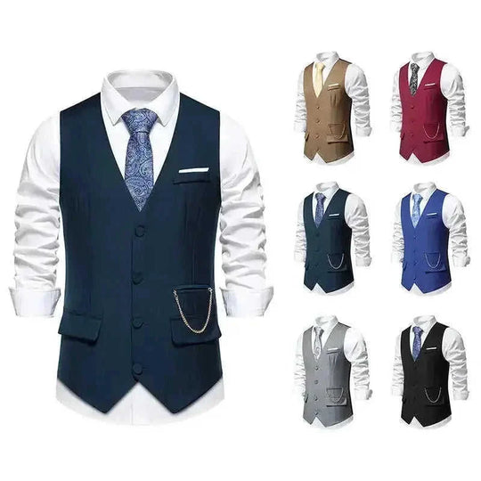 New Men's Solid Color Suit V-neck Single Breasted Chain Vest Navy Blue - size and dimension reference