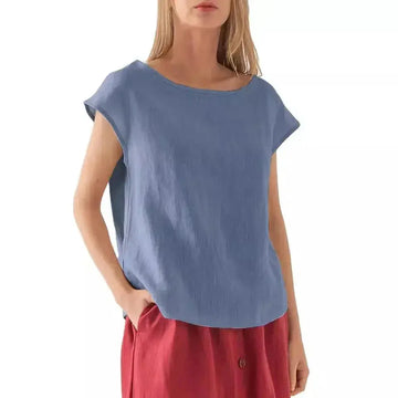 European And American New Linen Casual Loose Short Sleeves T-shirt Solid Color Round Neck Top