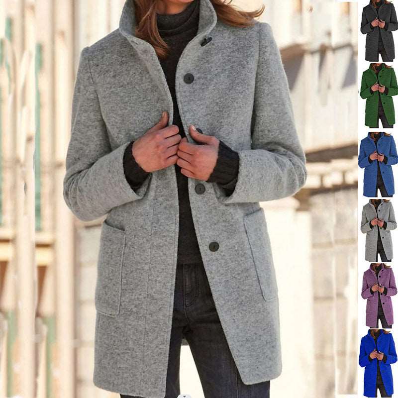 Fashion Stand Collar Woolen Coat With Pockets Fall Winter Casual Button Outwear For Women Clothing Meifu Market