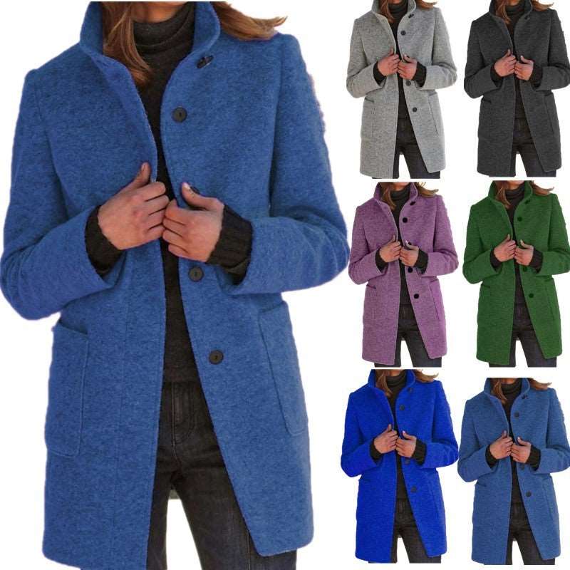 Fashion Stand Collar Woolen Coat With Pockets Fall Winter Casual Button Outwear For Women Clothing Meifu Market