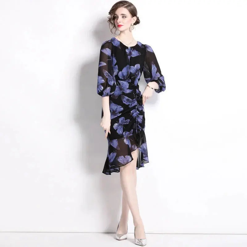 floral print dress | lantern sleeve dress | fishtail hem dress | energy saving