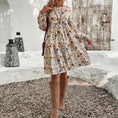 Women's Floral Print Boho Dress, Round Neck Smocked Cuff Sleeve Midi Dress With Patchwork Design For Spring And Fall Meifu Market