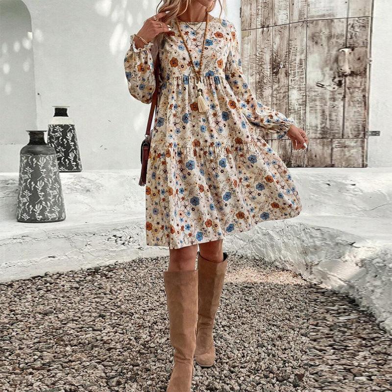 Women's Floral Print Boho Dress, Round Neck Smocked Cuff Sleeve Midi Dress With Patchwork Design For Spring And Fall Meifu Market