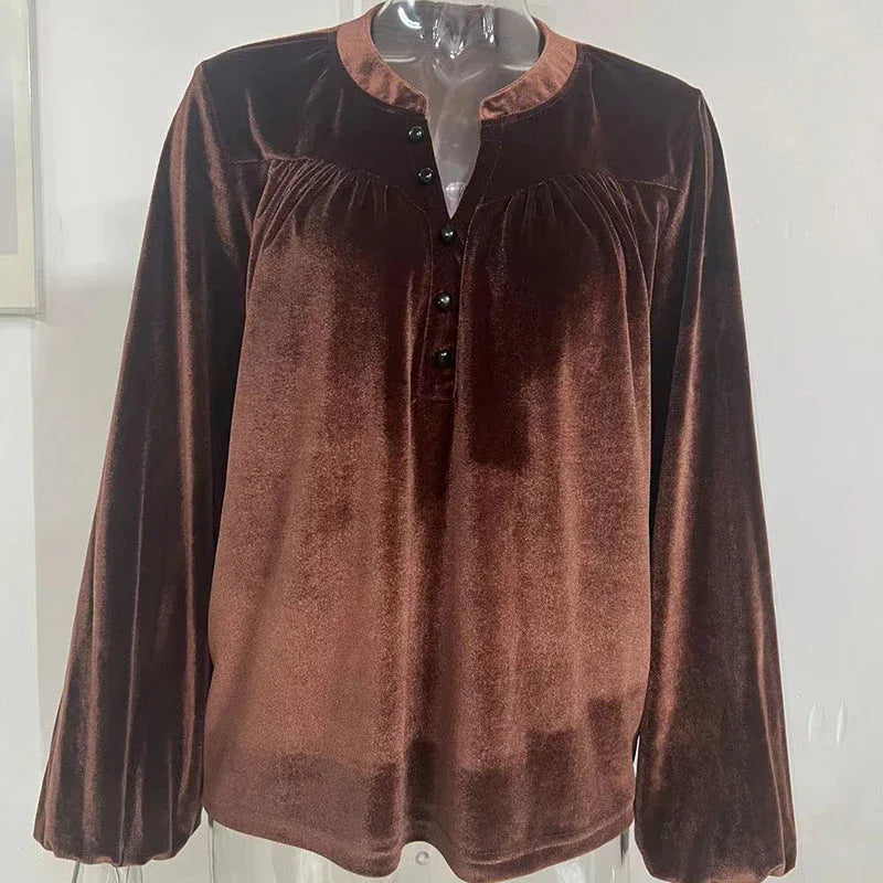 Women's Solid Color V-Neck Button Detail Long Sleeve Pullover Top Casual Elegant Office Blouse Meifu Market