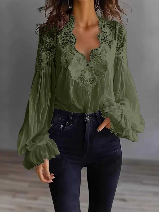Women's Lace-Panel Puff-Sleeve Pleated Shirt - Meifu Market