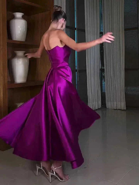 satin tube top dress | full skirt midi dress | stretchy satin fabric | ultrasonic cleaning