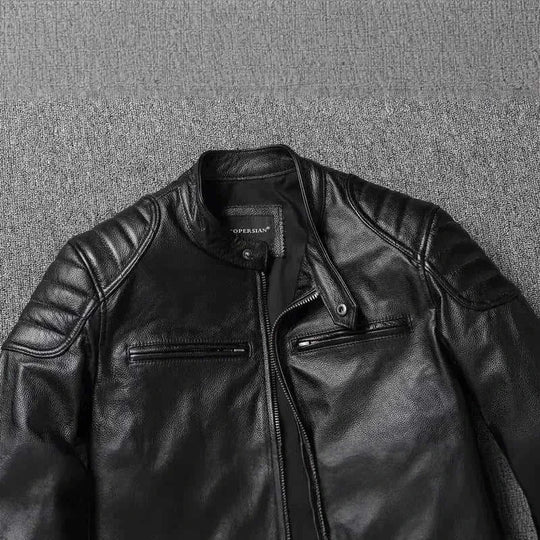 cowhide leather motorcycle jacket | genuine leather biker coat | stand collar leather jacket | energy saving