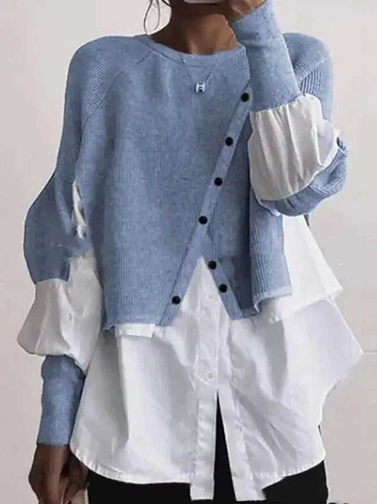 Crew Neck Long Sleeve Knitted Multi-color Patchwork White Shirt Women's Meifu Market
