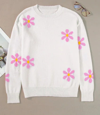 white flower pattern sweater | ribbed edge elegant sweater | womens floral knitwear | energy saving