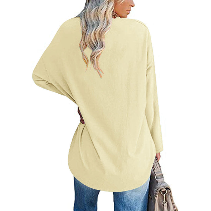 Solid Color Loose Drop Shoulder Sleeve V Neck Long Sleeve Blouse Meifu Market