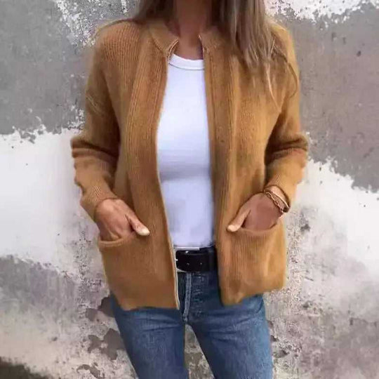 New Solid Color Casual Coat Zipper Sweater Cardigan Brown - close-up detail shot