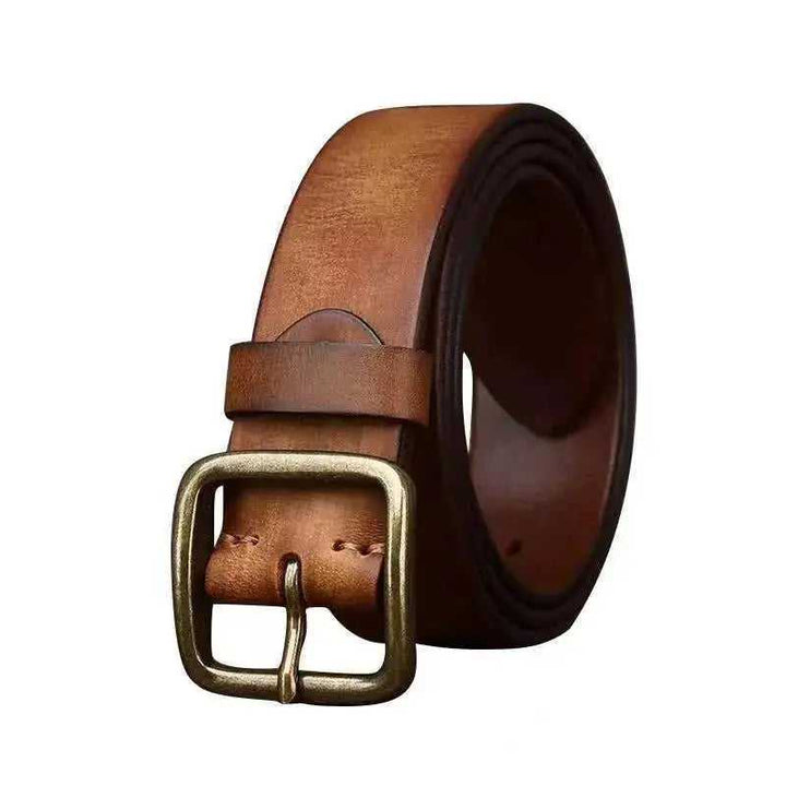 Fashion Pin Buckle Pure Copper Men's Cowhide Vintage Belt 125cm - angle view with men thick cowhide copper pin buckle genu...
