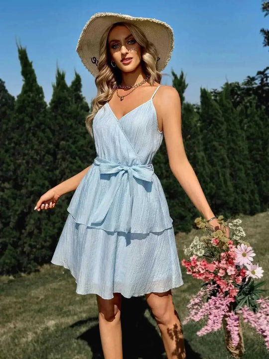 stretch fabric v-neck dress | adjustable waist strap dress | midi length summer dress | energy saving