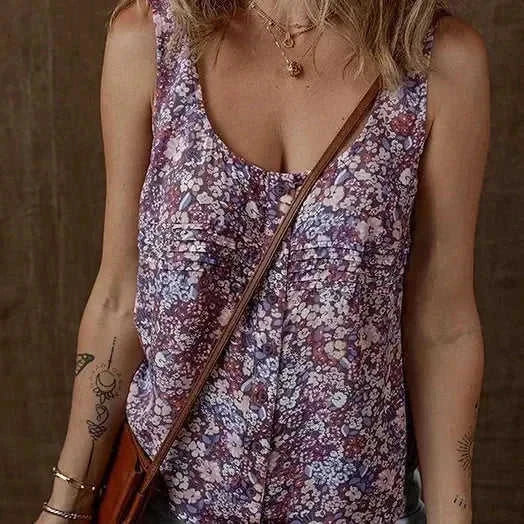 pleated u-neck vest | printed sleeveless top | lightweight breathable fabric | ultrasonic cleaning